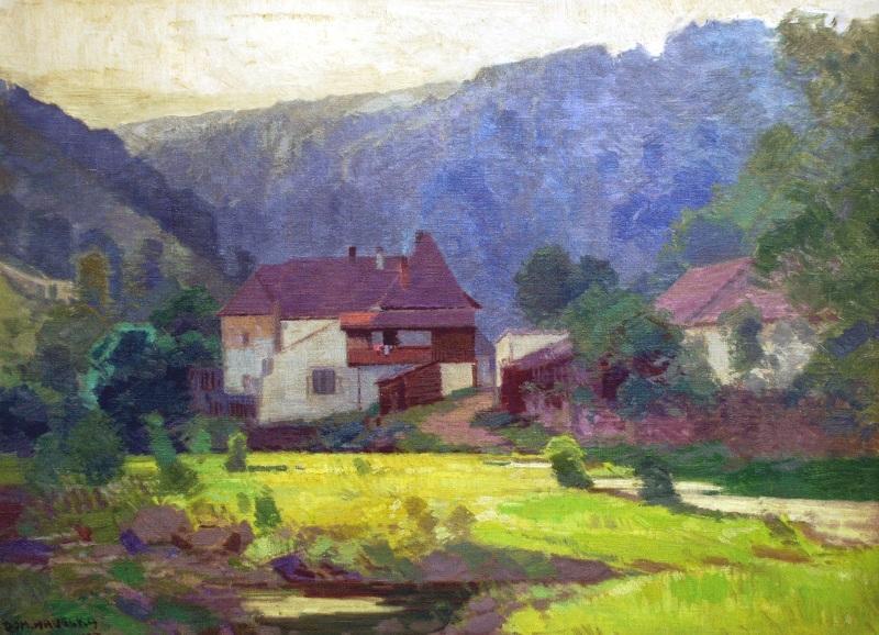 Krajinomalba Romana Havelky s osamělým domem v údolí mezi horami a zelenými loukami