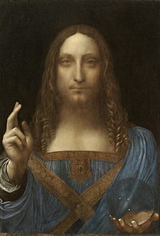 Obraz Salvator Mundi zobrazující Krista držícího křišťálovou kouli, připisovaný Leonardu da Vinci