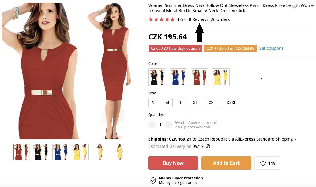 Stránka s dámskými červenými šaty na AliExpressu za 196 korun a šipka, která ukazuje na recenze.