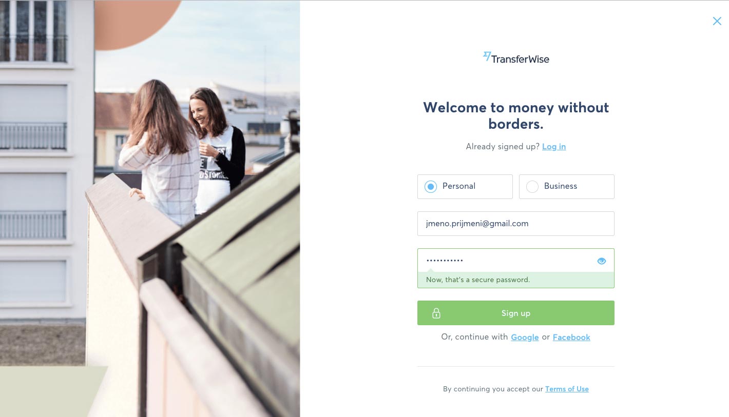 Registrační stránka služby TransferWise, na které je možné si zde založit účet.