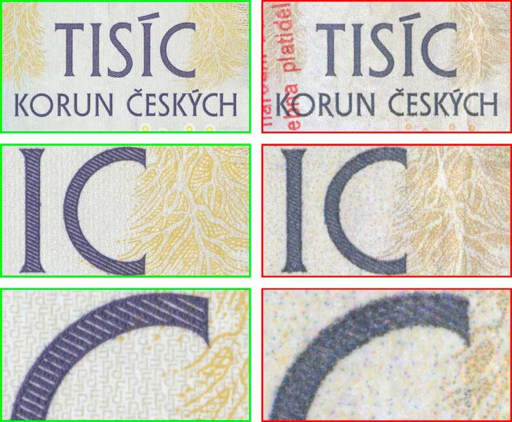 Detail ochranného pruhu bankovky s nápisem TISÍC KORUN ČESKÝCH, srovnání pravé (zelený rámeček) a padělané (červený rámeček) bankovky