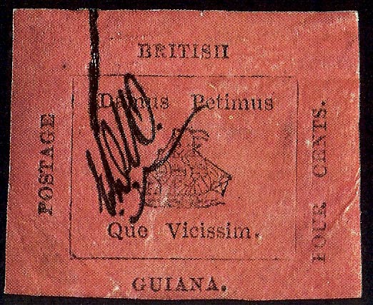 Poštovní známka British Guiana s nápisem Postage Four Cents a heslem Damus Petimus Que Vicissim, překrytá rukopisným podpisem