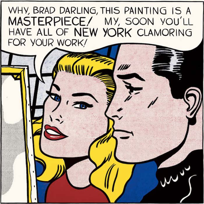 Komiksová malba v pop-artovém stylu, blonďatá žena v bublině chválí mužův obraz jako mistrovské dílo, které proslaví celý New York