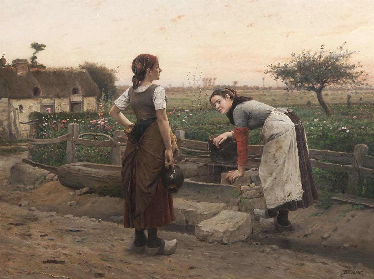 Malba Václava Brožíka: dvě venkovské ženy u studny, jedna se džbánem, druhá nabírá vodu do vědra, v pozadí chalupa s květinami