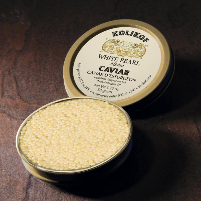 Otevřená plechovka Kolikof White Pearl Albino Caviar s bílým jeseterčím kaviárem, balení 50 gramů