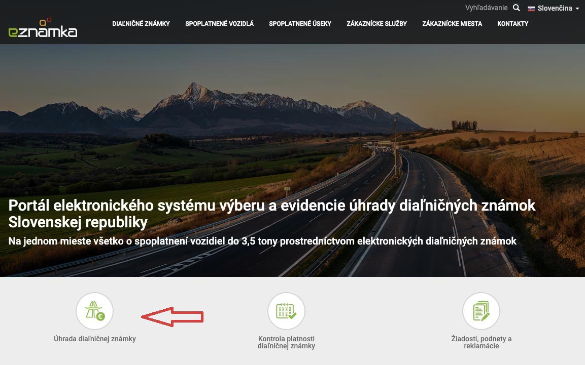 Úvodní stránka webu eznamka.sk, kde je možné zakoupit si oficiální cestou slovenskou dálniční známku.