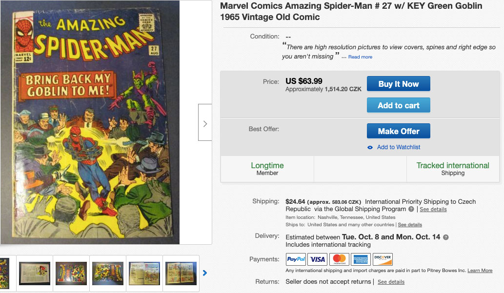 Vintage komiks se Spider-Manem z roku 1965, který se dá na eBay koupit za 1514 korun.