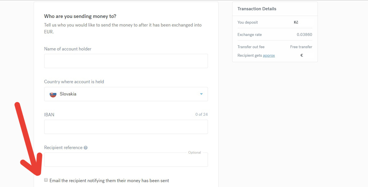 Zadávání detailů příjemce platby na webu CurrencyFair. Je mezi nimi například jméno majitele účtu či IBAN.