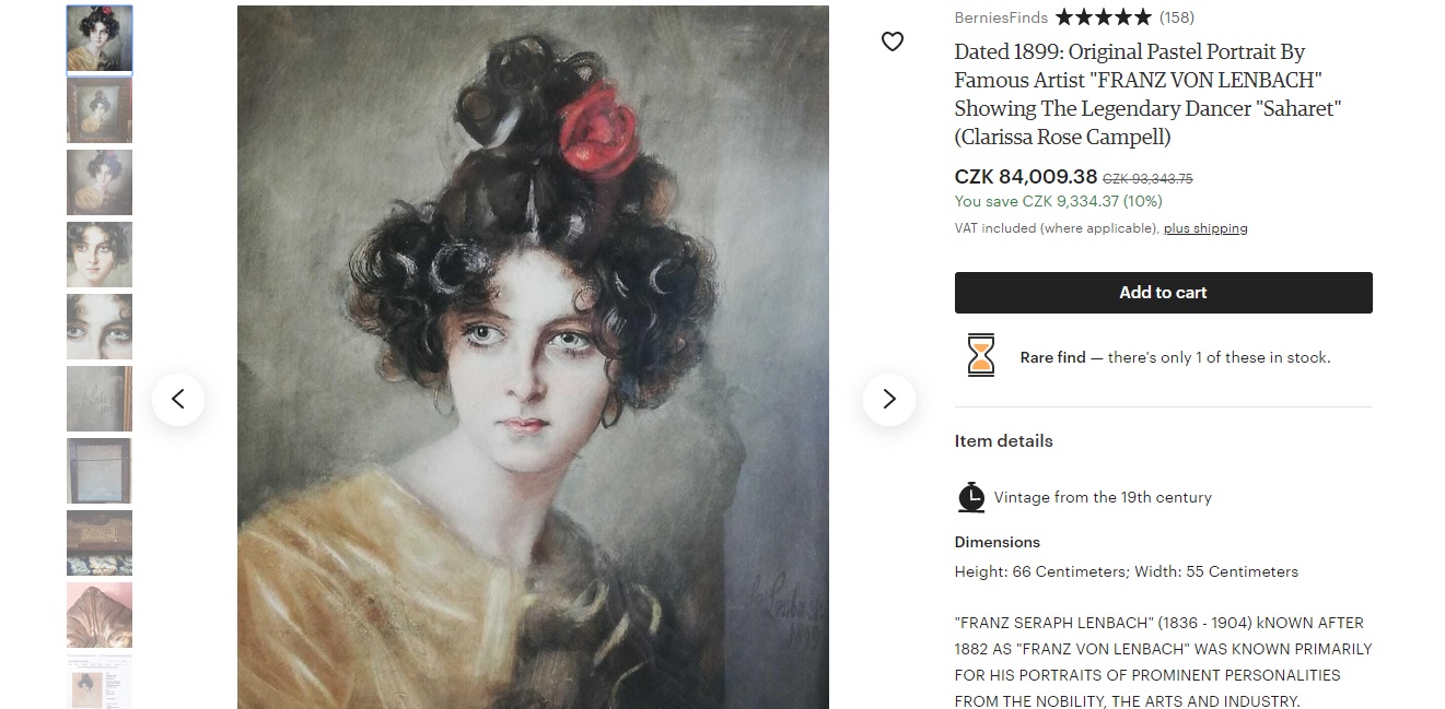 Krásný dívčí portrét od německého malíře Franze von Lenbacha, který se na Etsy prodává za 84 009 korun.