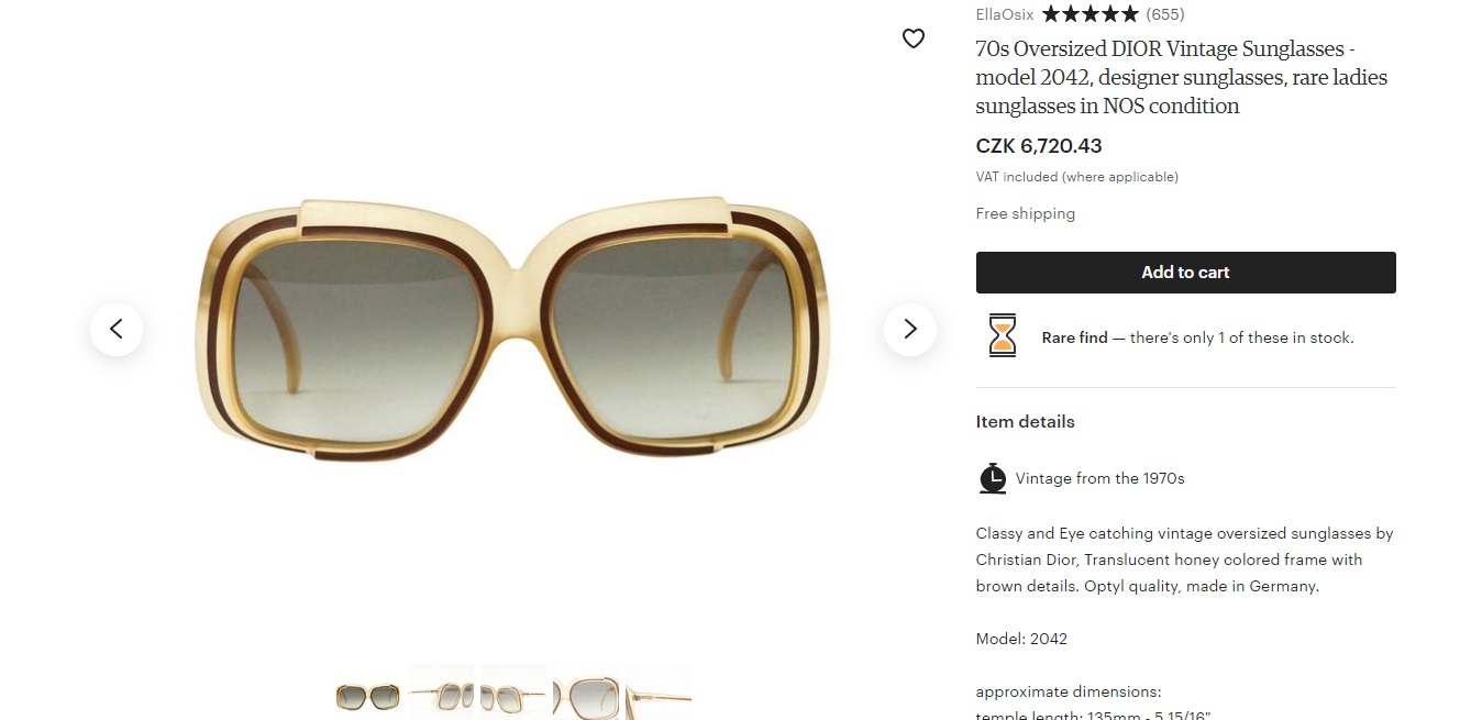 Vintage brýle od Diora ze sedmdesátých let se žlutými obroučkami, které se na Etsy prodávají za 6 720 Kč.