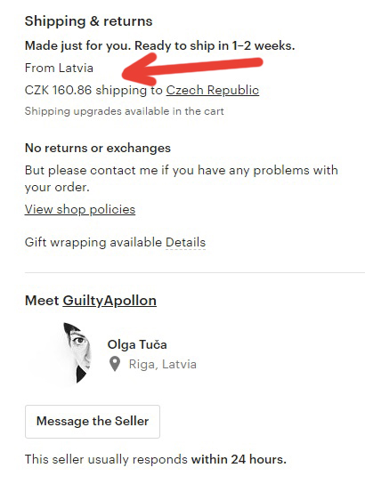 Stránka produktu na obchodu Etsy, na které vidíme poštovné a informace, kdy nám zboží bude odesláno.