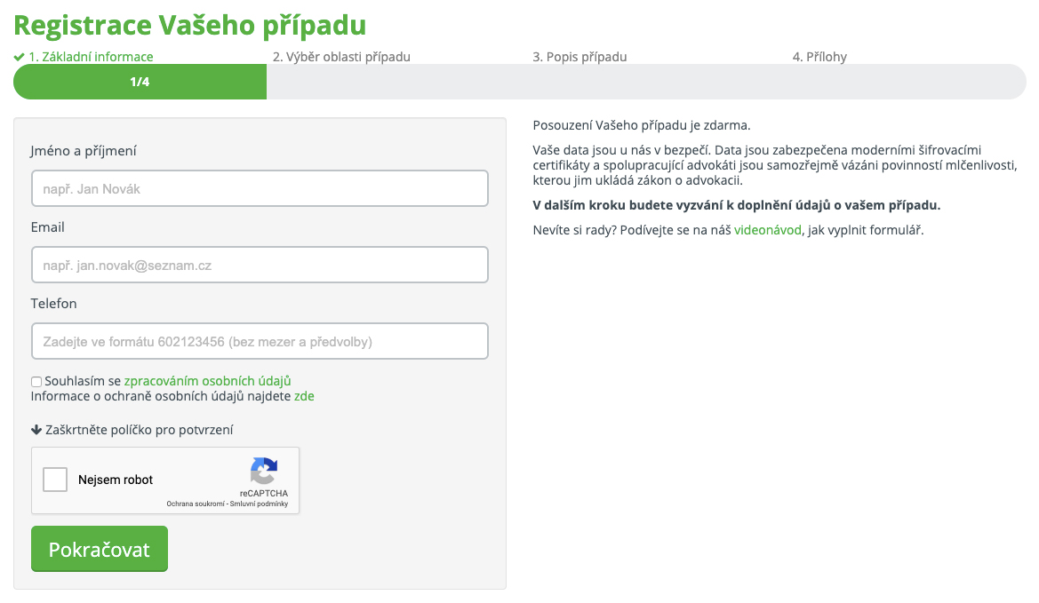 Formulář na webu Vašenároky.cz, kde můžeme zdarma zadat k posouzení náš případ a získat tak finanční kompenzaci.