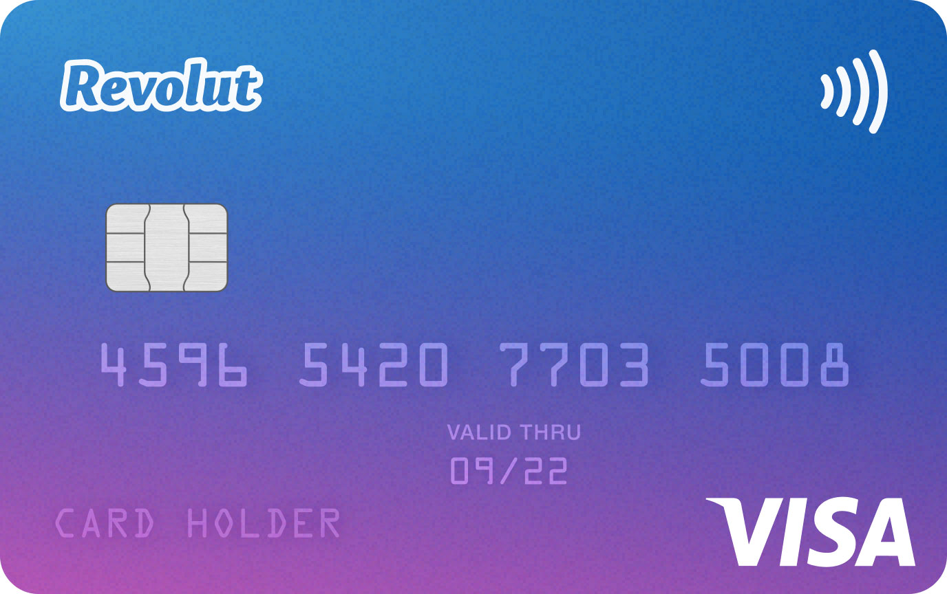 Modrofialová karta Revolut, která se vydává k bezplatným účtům STANDARD. Karta vypadá pěkně a elegantně.