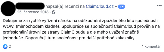 Facebooková recenze služby ClaimCloud. Uživatel pozitivně hodnotí profesionalitu a jednoduchost služby.
