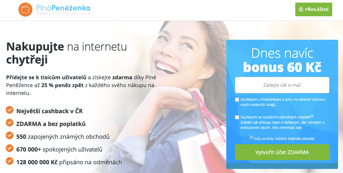 Úvodní stránka cashbacku Plná Peněženka, na které se můžete zaregistrovat přes váš email. Také dostanete bonus 60 Kč.