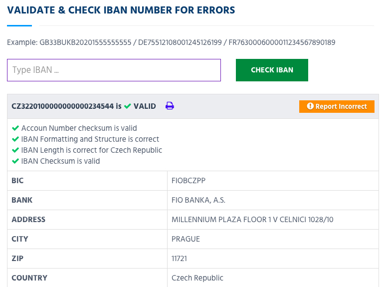 Ověření IBANu na webu IBAN.com. Námi zadaný IBAN se po kontrole ukazuje jako validní.