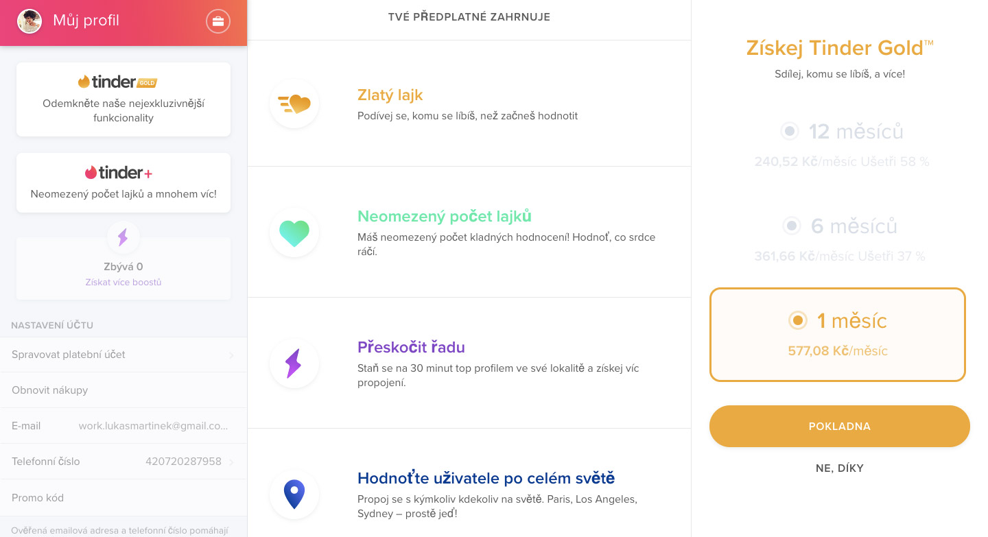 Stránka Tinderu s nabídkou předplatného Tinder Gold. Předplatné na 1 měsíc stojí 577 Kč.
