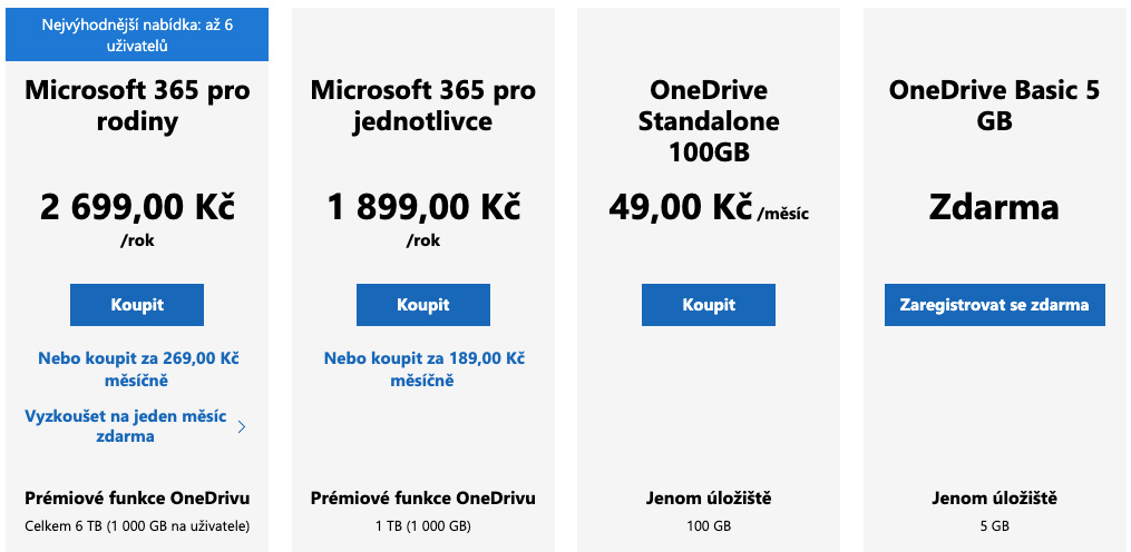 Ceny tarifů pro službu OneDrive. Základní tarif je zdarma. Dál se ceny pohybují od 49 Kč za měsíc do 269 Kč za měsíc.