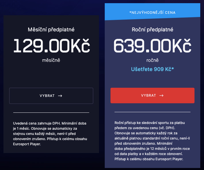 Dva tarify předplatného u Eurosport Playeru. Ten nabízí buď měsíční tarif za 129 korun měsíčně nebo roční tarif za 639 korun.