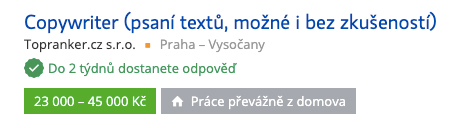Inzerát na pozici copywritera firmy Topranker.cz s platem 23 000 až 45 000 Kč a prací převážně z domova