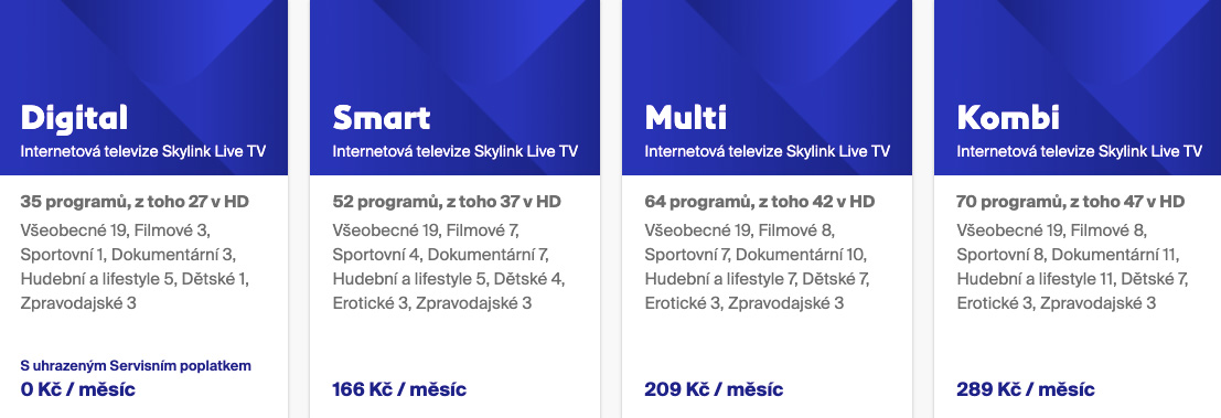 Ceny internetové televize Skylink Live TV se pohybují od 119 korun měsíčně do 289 korun měsíčně.