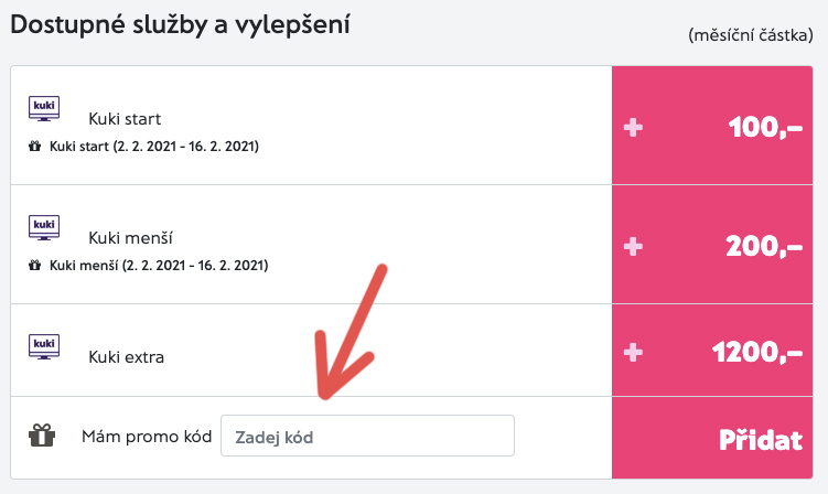 Místo na internetové televizi kuki, do kterého se zadává promo kód.