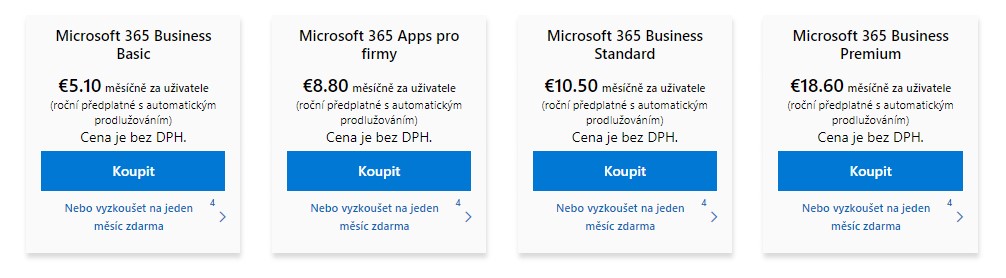 Screenshot ceníku Microsoft 365: Business Basic 5,10 eur, Apps pro firmy 8,80 eur, Business Standard 10,50 eur, Business Premium 18,60 eur měsíčně za uživatele bez DPH