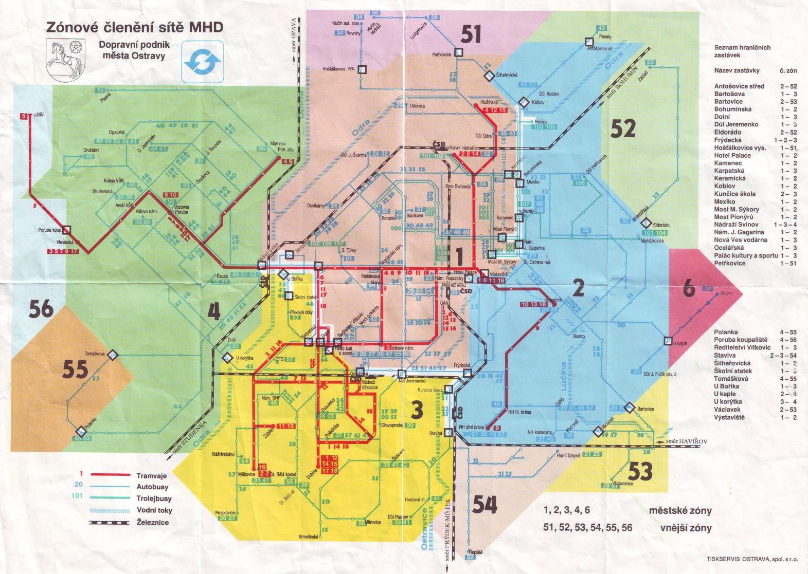 Barevná mapa zónového členění sítě MHD Ostrava s městskými zónami 1, 2, 3, 4, 6 a vnějšími zónami 51-56