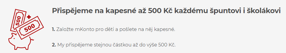 Infografika mBank: Přispějeme na kapesné až 500 Kč každému špuntovi i školákovi, ikona prasátka s bankovkami 500 Kč a dvěma kroky založení účtu