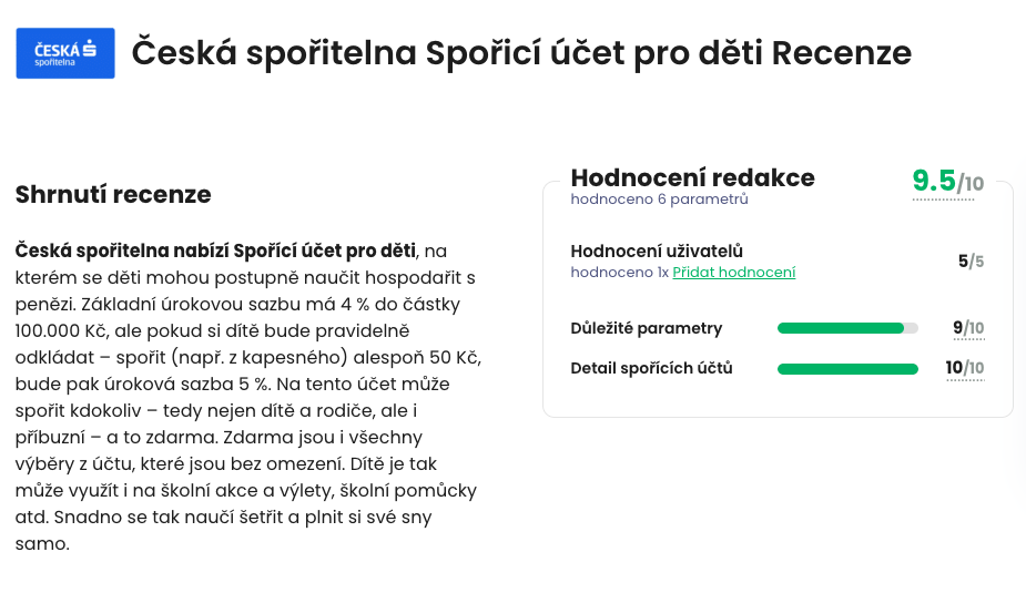 Recenze Spořicího účtu pro děti od České spořitelny na 5FIN.cz s celkovým hodnocením redakce 9,5 z 10
