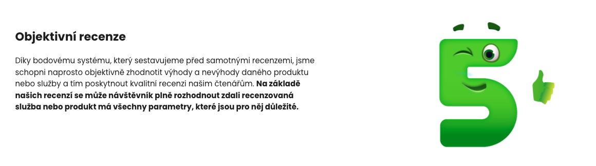 Sekce webu 5FIN.cz o objektivních recenzích s maskotem v podobě zeleného písmene S se zdviženým palcem