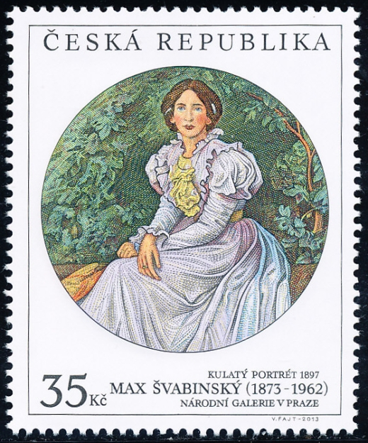 Česká poštovní známka v hodnotě 35 Kč s kulatým portrétem ženy od Maxe Švabinského z roku 1897, Národní galerie v Praze