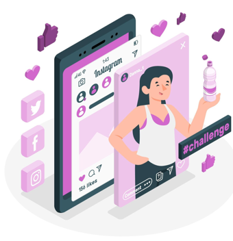 Ilustrace telefonu s aplikací Instagram, postava vlivařky s nápisem #challenge, kolem ikony Twitteru, Facebooku a Instagramu a 156 lajků