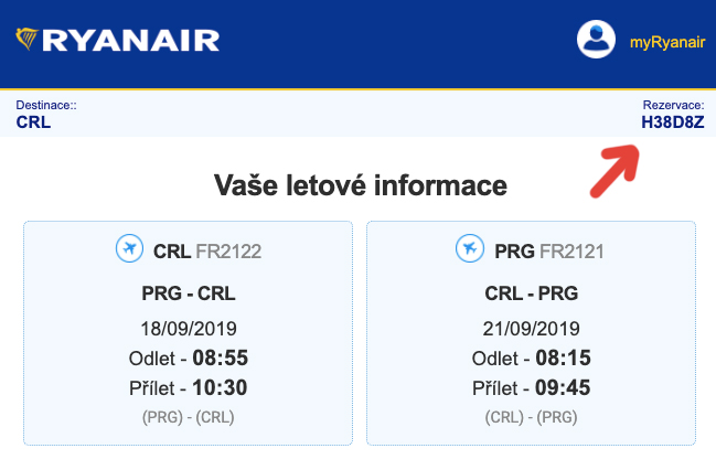 Screenshot emailu, který nám přišel z mailu itinerary@ryanair.com - červená šipka na screenshotu ukazuje na rezervační číslo.