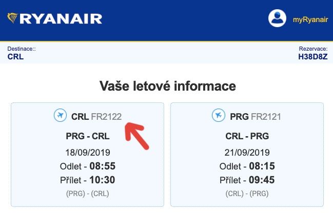 Screenshot emailu, který nám přišel z mailu itinerary@ryanair.com - červená šipka na screenshotu ukazuje na číslo letu.