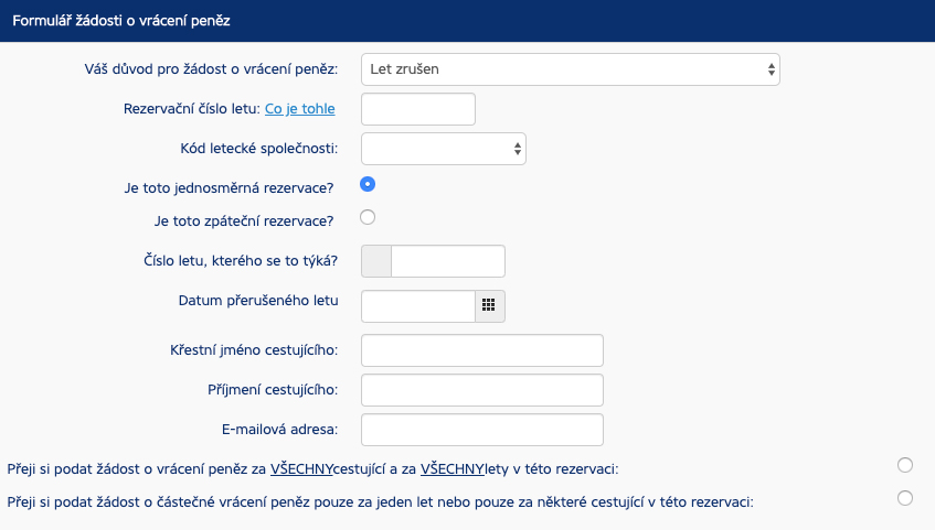 Formulář v češtině na stránkách Ryanairu, přes který je možné požadovat kompenzaci za zpožděný let.