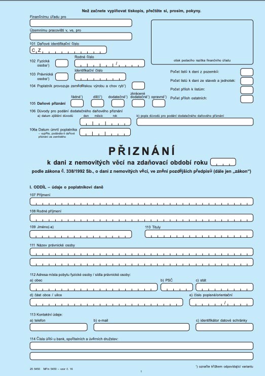 První stránka tištěného modrobílého formuláře pro přiznání k dani z nemovitých věcí s různými kolonkami a políčky.