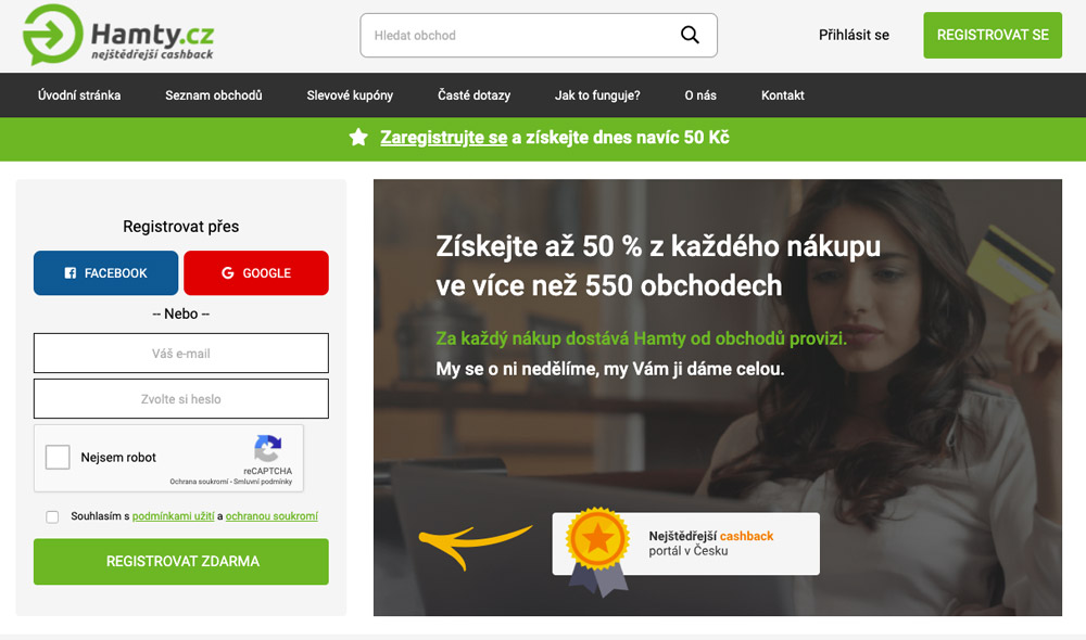 Screenshot úvodní stránky Hamty.cz s heslem nejštědřejší cashback, nabídkou až 50 % z nákupu ve více než 550 obchodech a bonusem 50 Kč za registraci