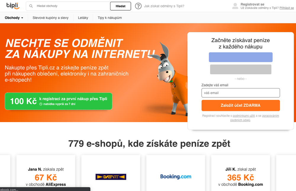 Screenshot úvodní stránky Tipli.cz s maskotem oslíka, bonusem 100 Kč k registraci a nabídkou 779 e-shopů; příklady vrácení 67 Kč z AliExpress a 365 Kč z Booking.com