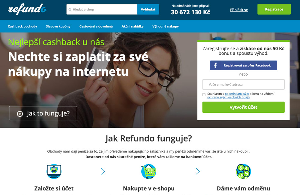 Screenshot úvodní stránky Refundo.cz s celkovou částkou vyplacených odměn 30 672 130 Kč a registračním bonusem 50 Kč