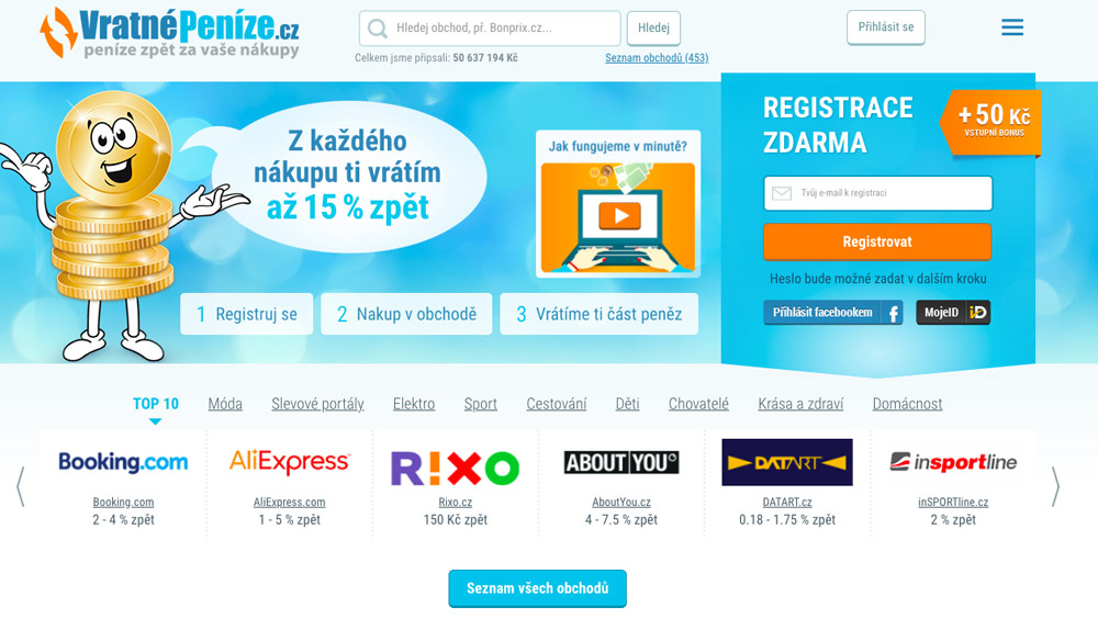 Screenshot úvodní stránky VratnéPeníze.cz: celkem připsáno 50 637 194 Kč, slib až 15 % zpět, registrace s bonusem +50 Kč, v TOP 10 obchodech Booking.com 2–4 % zpět, AliExpress 1–5 % zpět, Rixo.cz 150 Kč zpět, AboutYou.cz 4–7,5 % zpět, DATART.cz 0,18–1,75 % zpět, inSPORTline.cz 2 % zpět