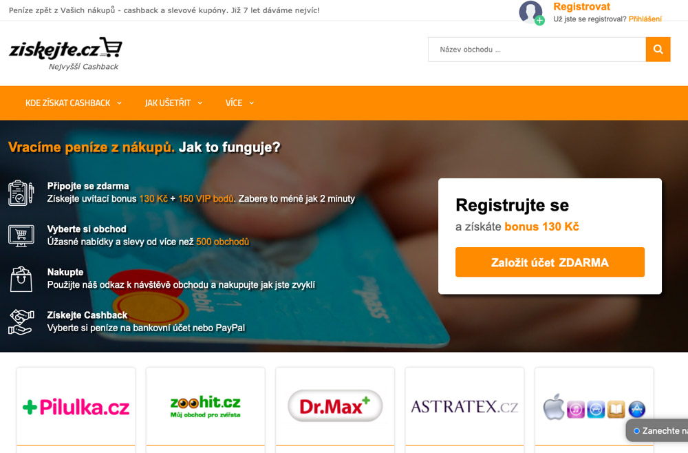 Screenshot úvodní stránky Ziskejte.cz s nabídkou uvítacího bonusu 130 Kč a 150 VIP bodů, dole loga obchodů Pilulka.cz, Zoohit.cz, Dr.Max a Astratex.cz