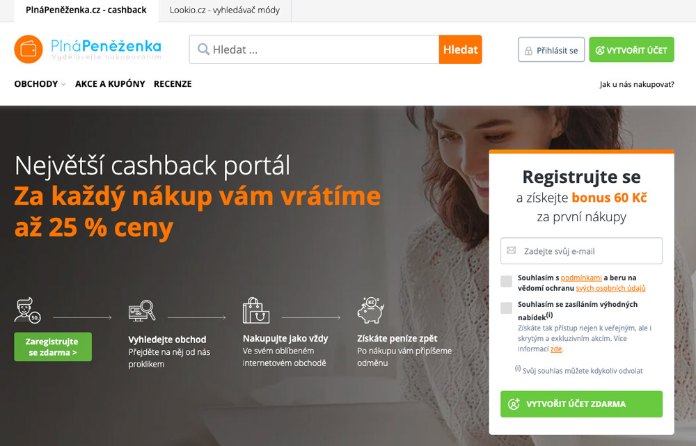 Screenshot úvodní stránky PlnáPeněženka.cz s nabídkou až 25 % cashbacku a registračním bonusem 60 Kč